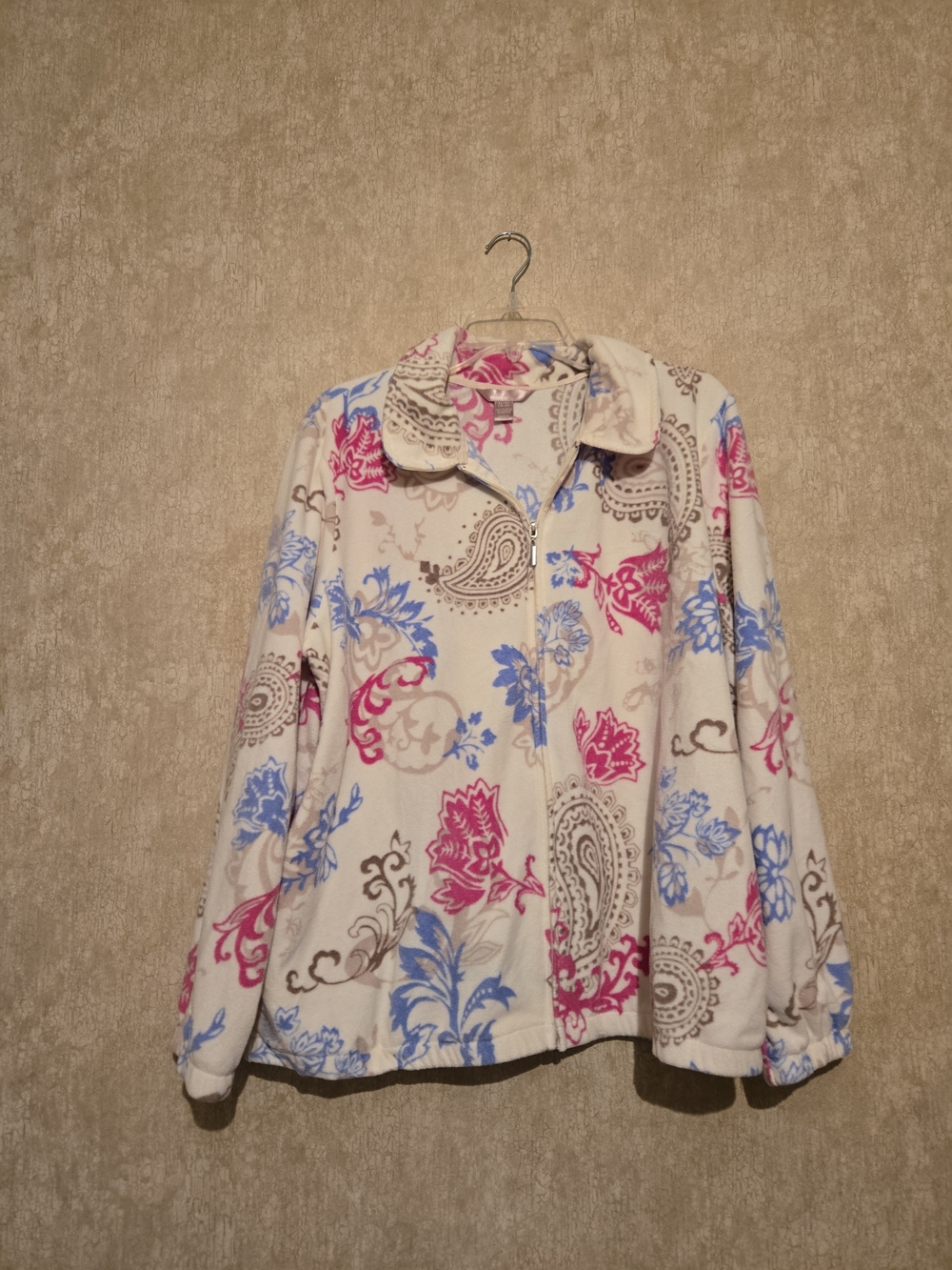 White Stag Floral Paisley Zip-Front Fleece Jacket in White, Pink & Blue